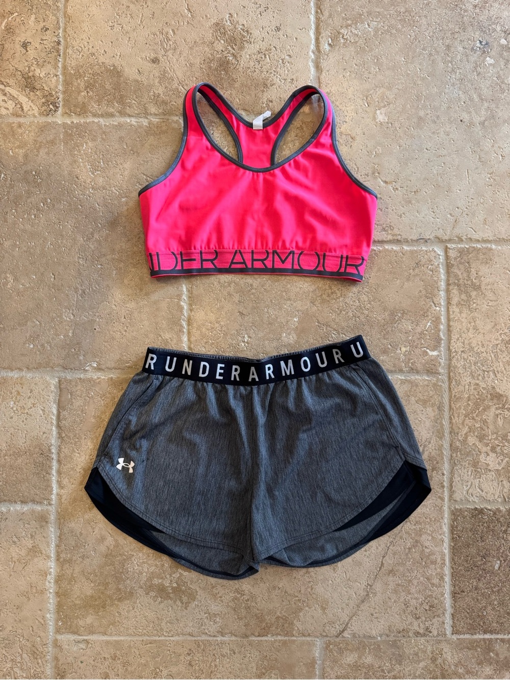 Under Armour Women's Pink Sports Bra with Gray Running Shorts Set